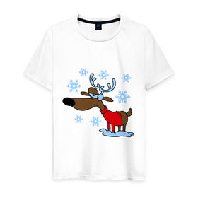 Мужская футболка хлопок с принтом Олень в снегу в Белгороде, 100% хлопок | прямой крой, круглый вырез горловины, длина до линии бедер, слегка спущенное плечо. | new year | новый год | олень | снег