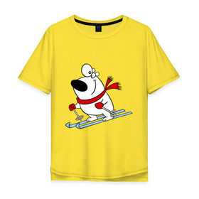 Мужская футболка хлопок Oversize с принтом Мишка на лыжах. в Белгороде, 100% хлопок | свободный крой, круглый ворот, “спинка” длиннее передней части | белый | зима | лыжи | медведь | мишка | новый год