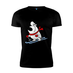 Мужская футболка премиум с принтом Мишка на лыжах. в Белгороде, 92% хлопок, 8% лайкра | приталенный силуэт, круглый вырез ворота, длина до линии бедра, короткий рукав | Тематика изображения на принте: белый | зима | лыжи | медведь | мишка | новый год