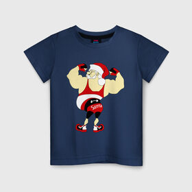 Детская футболка хлопок с принтом Санта бодибилдер в Белгороде, 100% хлопок | круглый вырез горловины, полуприлегающий силуэт, длина до линии бедер | Тематика изображения на принте: 2015 | бодибилдер | культурист | новый год | рождество | санта
