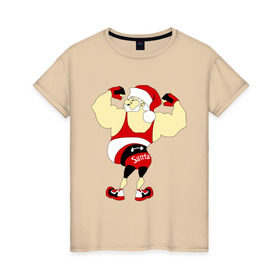 Женская футболка хлопок с принтом Санта бодибилдер в Белгороде, 100% хлопок | прямой крой, круглый вырез горловины, длина до линии бедер, слегка спущенное плечо | 2015 | бодибилдер | культурист | новый год | рождество | санта