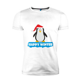 Мужская футболка премиум с принтом Новогодний пингвин на льдине в Белгороде, 92% хлопок, 8% лайкра | приталенный силуэт, круглый вырез ворота, длина до линии бедра, короткий рукав | Тематика изображения на принте: пингвин