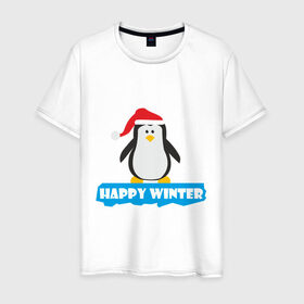 Мужская футболка хлопок с принтом Новогодний пингвин на льдине в Белгороде, 100% хлопок | прямой крой, круглый вырез горловины, длина до линии бедер, слегка спущенное плечо. | Тематика изображения на принте: пингвин