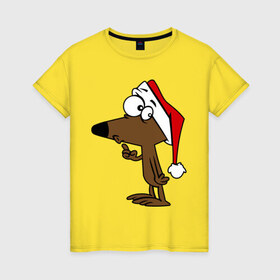 Женская футболка хлопок с принтом Собачка в новогодней шапке в Белгороде, 100% хлопок | прямой крой, круглый вырез горловины, длина до линии бедер, слегка спущенное плечо | 2015 | new year | новый год | собака | шапка
