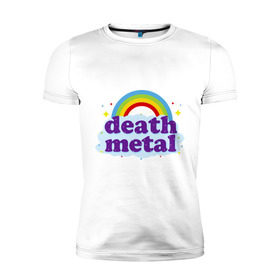 Мужская футболка премиум с принтом Rainbow death metal в Белгороде, 92% хлопок, 8% лайкра | приталенный силуэт, круглый вырез ворота, длина до линии бедра, короткий рукав | будь металистом | волшебство | метал | музыка | оставайся рокером | прикол | радуга | рок | рокерам