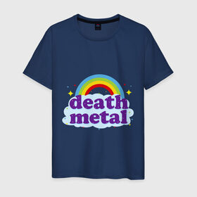 Мужская футболка хлопок с принтом Rainbow death metal в Белгороде, 100% хлопок | прямой крой, круглый вырез горловины, длина до линии бедер, слегка спущенное плечо. | будь металистом | волшебство | метал | музыка | оставайся рокером | прикол | радуга | рок | рокерам