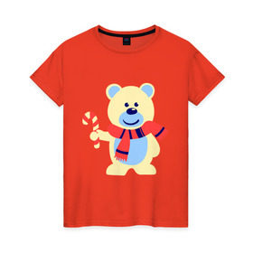 Женская футболка хлопок с принтом Мишка в Белгороде, 100% хлопок | прямой крой, круглый вырез горловины, длина до линии бедер, слегка спущенное плечо | конфета | леденец | медведь | мишка | нг | новый год | шарф