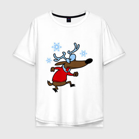 Мужская футболка хлопок Oversize с принтом Новогодний олень в Белгороде, 100% хлопок | свободный крой, круглый ворот, “спинка” длиннее передней части | 2015 | new year | новый год | олень | снег
