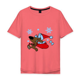 Мужская футболка хлопок Oversize с принтом Собачка в новогоднем колпаке в Белгороде, 100% хлопок | свободный крой, круглый ворот, “спинка” длиннее передней части | Тематика изображения на принте: new year | новый год | пес | собака