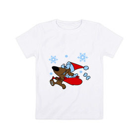 Детская футболка хлопок с принтом Собачка в новогоднем колпаке в Белгороде, 100% хлопок | круглый вырез горловины, полуприлегающий силуэт, длина до линии бедер | Тематика изображения на принте: new year | новый год | пес | собака