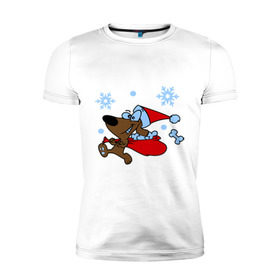 Мужская футболка премиум с принтом Собачка в новогоднем колпаке в Белгороде, 92% хлопок, 8% лайкра | приталенный силуэт, круглый вырез ворота, длина до линии бедра, короткий рукав | new year | новый год | пес | собака