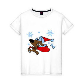 Женская футболка хлопок с принтом Собачка в новогоднем колпаке в Белгороде, 100% хлопок | прямой крой, круглый вырез горловины, длина до линии бедер, слегка спущенное плечо | Тематика изображения на принте: new year | новый год | пес | собака