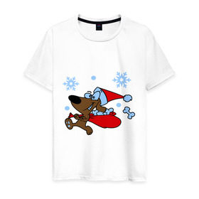 Мужская футболка хлопок с принтом Собачка в новогоднем колпаке в Белгороде, 100% хлопок | прямой крой, круглый вырез горловины, длина до линии бедер, слегка спущенное плечо. | new year | новый год | пес | собака