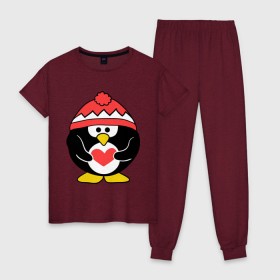 Женская пижама хлопок с принтом Пингвин с сердцем в Белгороде, 100% хлопок | брюки и футболка прямого кроя, без карманов, на брюках мягкая резинка на поясе и по низу штанин | пингвин