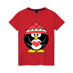 Женская футболка хлопок с принтом Пингвин с сердцем в Белгороде, 100% хлопок | прямой крой, круглый вырез горловины, длина до линии бедер, слегка спущенное плечо | пингвин