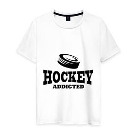 Мужская футболка хлопок с принтом Хоккей - зависимый в Белгороде, 100% хлопок | прямой крой, круглый вырез горловины, длина до линии бедер, слегка спущенное плечо. | addicted | hockey | зависимость | хоккей