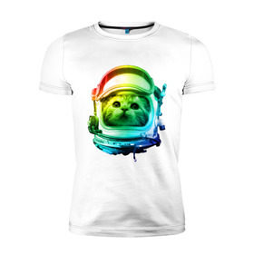 Мужская футболка премиум с принтом Кот космонавт в Белгороде, 92% хлопок, 8% лайкра | приталенный силуэт, круглый вырез ворота, длина до линии бедра, короткий рукав | space | астронавт | животные | звезды | космос | кот | кошка | мордочка | шлем