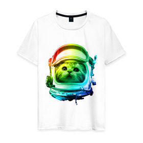 Мужская футболка хлопок с принтом Кот космонавт в Белгороде, 100% хлопок | прямой крой, круглый вырез горловины, длина до линии бедер, слегка спущенное плечо. | space | астронавт | животные | звезды | космос | кот | кошка | мордочка | шлем