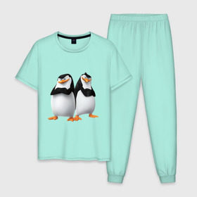 Мужская пижама хлопок с принтом Пингвины Мадагаскара в Белгороде, 100% хлопок | брюки и футболка прямого кроя, без карманов, на брюках мягкая резинка на поясе и по низу штанин
 | Тематика изображения на принте: мадагаскар | мультик | пингвины