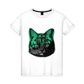 Женская футболка хлопок с принтом Кот свэг в Белгороде, 100% хлопок | прямой крой, круглый вырез горловины, длина до линии бедер, слегка спущенное плечо | город | горы | двойная экспозиция | животные | кот | лес | пейзаж | силуэт