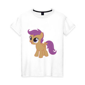 Женская футболка хлопок с принтом Пони Скуталу в Белгороде, 100% хлопок | прямой крой, круглый вырез горловины, длина до линии бедер, слегка спущенное плечо | my little pony | мой маленький пони | пони | скуталу