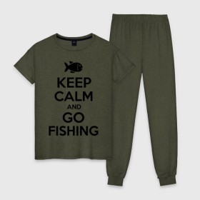 Женская пижама хлопок с принтом Keep calm and go fishing в Белгороде, 100% хлопок | брюки и футболка прямого кроя, без карманов, на брюках мягкая резинка на поясе и по низу штанин | fishing | keep calm | рыбак | рыбалка | рыбачить | сохраняй спокойствие
