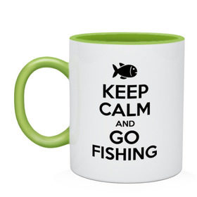 Кружка двухцветная с принтом Keep calm and go fishing в Белгороде, керамика | объем — 330 мл, диаметр — 80 мм. Цветная ручка и кайма сверху, в некоторых цветах — вся внутренняя часть | fishing | keep calm | рыбак | рыбалка | рыбачить | сохраняй спокойствие