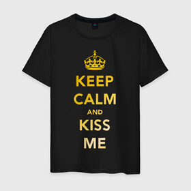 Мужская футболка хлопок с принтом Keep calm and kiss me в Белгороде, 100% хлопок | прямой крой, круглый вырез горловины, длина до линии бедер, слегка спущенное плечо. | keep calm | kiss | золото | поцелуй | сохраняй спокойствие