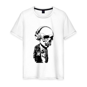 Мужская футболка хлопок с принтом Череп в наушниках в Белгороде, 100% хлопок | прямой крой, круглый вырез горловины, длина до линии бедер, слегка спущенное плечо. | Тематика изображения на принте: 