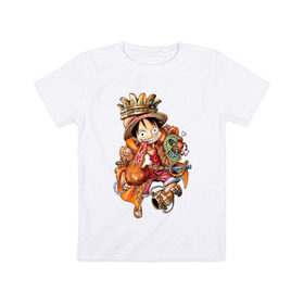 Детская футболка хлопок с принтом Луффи- король пиратов в Белгороде, 100% хлопок | круглый вырез горловины, полуприлегающий силуэт, длина до линии бедер | anime | mugivara | one piece | pirates | аниме | ванпис | король | кубок | луффи | манга | мугивары | оба | пираты