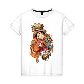 Женская футболка хлопок с принтом Луффи- король пиратов в Белгороде, 100% хлопок | прямой крой, круглый вырез горловины, длина до линии бедер, слегка спущенное плечо | anime | mugivara | one piece | pirates | аниме | ванпис | король | кубок | луффи | манга | мугивары | оба | пираты