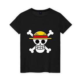 Женская футболка хлопок с принтом Флаг Луффи в Белгороде, 100% хлопок | прямой крой, круглый вырез горловины, длина до линии бедер, слегка спущенное плечо | anime | mugivara | one piece | pirates | аниме | ванпис | луффи | манга | манки д луффи | мугивары | оба | пираты | флаг