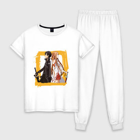 Женская пижама хлопок с принтом Asuna & Kirito в Белгороде, 100% хлопок | брюки и футболка прямого кроя, без карманов, на брюках мягкая резинка на поясе и по низу штанин | anime | asuna | kirito | sao | sword art online | аниме | асуна | виртуальная реальность | игры | кирито | мечи | сворд арт онлайн