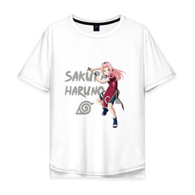 Мужская футболка хлопок Oversize с принтом Сакура Харуно в Белгороде, 100% хлопок | свободный крой, круглый ворот, “спинка” длиннее передней части | Тематика изображения на принте: sakura | дзютсу | сакура