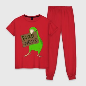 Женская пижама хлопок с принтом Bird Nerd в Белгороде, 100% хлопок | брюки и футболка прямого кроя, без карманов, на брюках мягкая резинка на поясе и по низу штанин | bird nerd | myparrots | зеленый | клюв | нерд | попугай | птицы | птичник