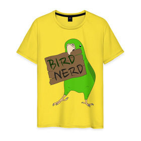 Мужская футболка хлопок с принтом Bird Nerd в Белгороде, 100% хлопок | прямой крой, круглый вырез горловины, длина до линии бедер, слегка спущенное плечо. | bird nerd | myparrots | зеленый | клюв | нерд | попугай | птицы | птичник