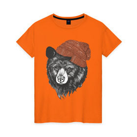 Женская футболка хлопок с принтом Медведь стиляга в Белгороде, 100% хлопок | прямой крой, круглый вырез горловины, длина до линии бедер, слегка спущенное плечо | 
