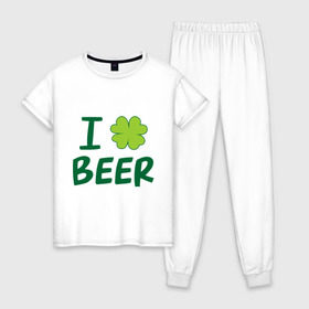Женская пижама хлопок с принтом Love beer в Белгороде, 100% хлопок | брюки и футболка прямого кроя, без карманов, на брюках мягкая резинка на поясе и по низу штанин | beer | love | ирландия | клевер | патрик | праздник | святой