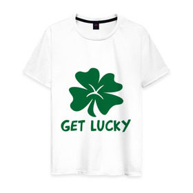 Мужская футболка хлопок с принтом Get lucky в Белгороде, 100% хлопок | прямой крой, круглый вырез горловины, длина до линии бедер, слегка спущенное плечо. | Тематика изображения на принте: get lucky | ирландия | клевер | патрик | святой
