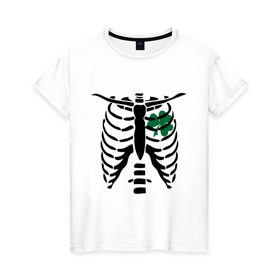Женская футболка хлопок с принтом Скелет и клевер в Белгороде, 100% хлопок | прямой крой, круглый вырез горловины, длина до линии бедер, слегка спущенное плечо | скелет