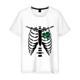 Мужская футболка хлопок с принтом Скелет и клевер в Белгороде, 100% хлопок | прямой крой, круглый вырез горловины, длина до линии бедер, слегка спущенное плечо. | скелет