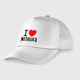 Детская кепка тракер с принтом I love Metallica в Белгороде, Козырек - 100% хлопок. Кепка - 100% полиэстер, Задняя часть - сетка | универсальный размер, пластиковая застёжка | металлика