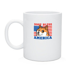 Кружка с принтом Doge bless America в Белгороде, керамика | объем — 330 мл, диаметр — 80 мм. Принт наносится на бока кружки, можно сделать два разных изображения | dog | mem | америка | лайка | собака | сша
