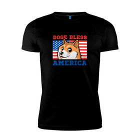 Мужская футболка премиум с принтом Doge bless America в Белгороде, 92% хлопок, 8% лайкра | приталенный силуэт, круглый вырез ворота, длина до линии бедра, короткий рукав | Тематика изображения на принте: dog | mem | америка | лайка | собака | сша