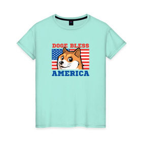 Женская футболка хлопок с принтом Doge bless America в Белгороде, 100% хлопок | прямой крой, круглый вырез горловины, длина до линии бедер, слегка спущенное плечо | dog | mem | америка | лайка | собака | сша