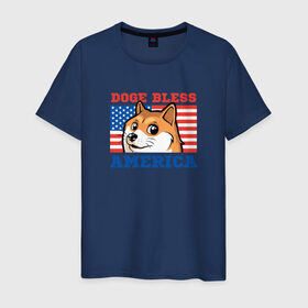 Мужская футболка хлопок с принтом Doge bless America в Белгороде, 100% хлопок | прямой крой, круглый вырез горловины, длина до линии бедер, слегка спущенное плечо. | Тематика изображения на принте: dog | mem | америка | лайка | собака | сша