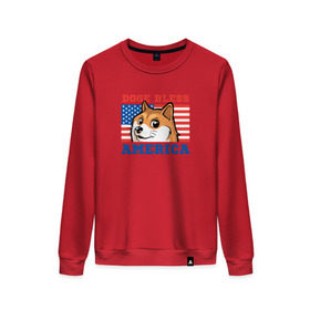 Женский свитшот хлопок с принтом Doge bless America в Белгороде, 100% хлопок | прямой крой, круглый вырез, на манжетах и по низу широкая трикотажная резинка  | dog | mem | америка | лайка | собака | сша