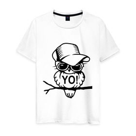 Мужская футболка хлопок с принтом Сова в кепке в Белгороде, 100% хлопок | прямой крой, круглый вырез горловины, длина до линии бедер, слегка спущенное плечо. | сова