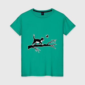 Женская футболка хлопок с принтом Кошка и бабочка в Белгороде, 100% хлопок | прямой крой, круглый вырез горловины, длина до линии бедер, слегка спущенное плечо | 