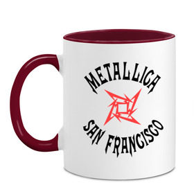 Кружка двухцветная с принтом Metallica (San Francisco) в Белгороде, керамика | объем — 330 мл, диаметр — 80 мм. Цветная ручка и кайма сверху, в некоторых цветах — вся внутренняя часть | metallica | san francisco